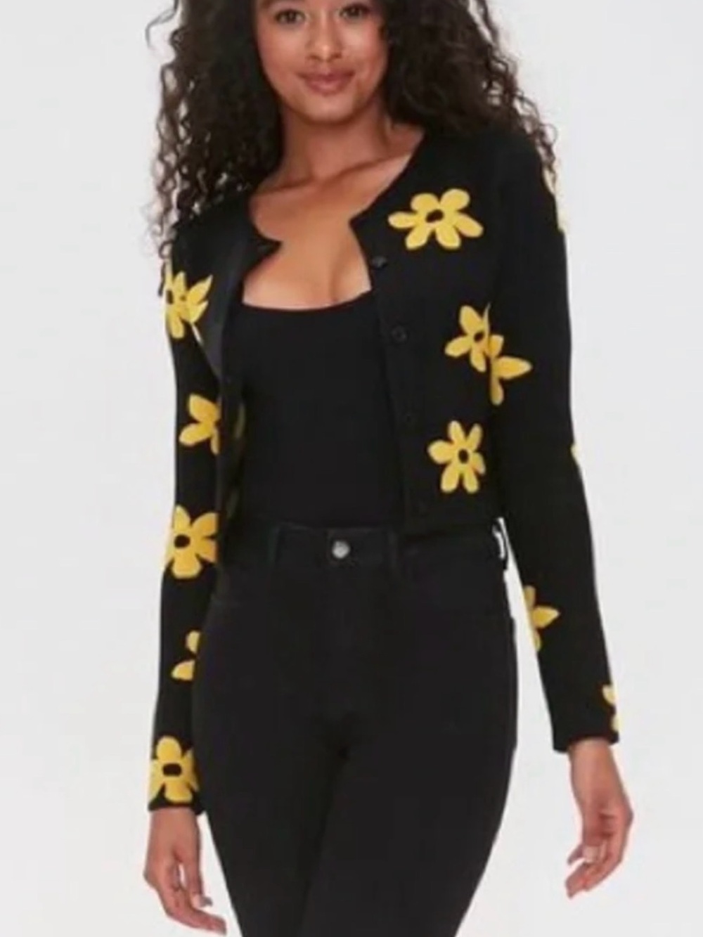 Forever 21 Black Daisy Cardigan | Floral Knit Y2K Indie Style Size S - Picture 7 of 7